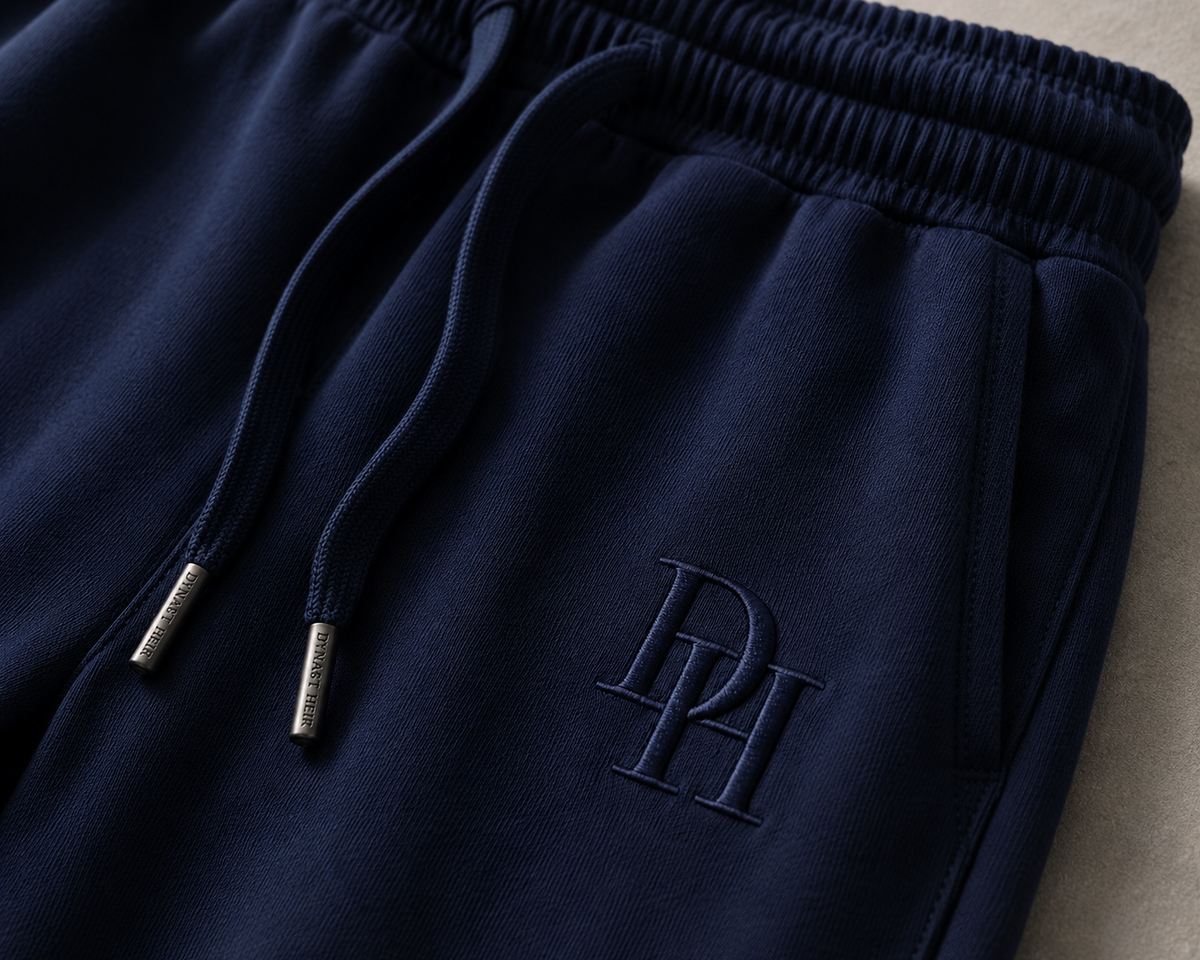 Close-up of the Refined Straight-Leg Sweatpant waistband, tonal DH embroidery, navy drawcords, and engraved metal aglets
