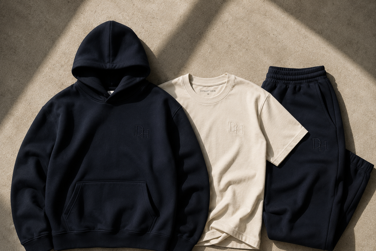 Navy Dynast Heir hoodie and sweatpants with a bone DH-logo tee arranged on warm stone