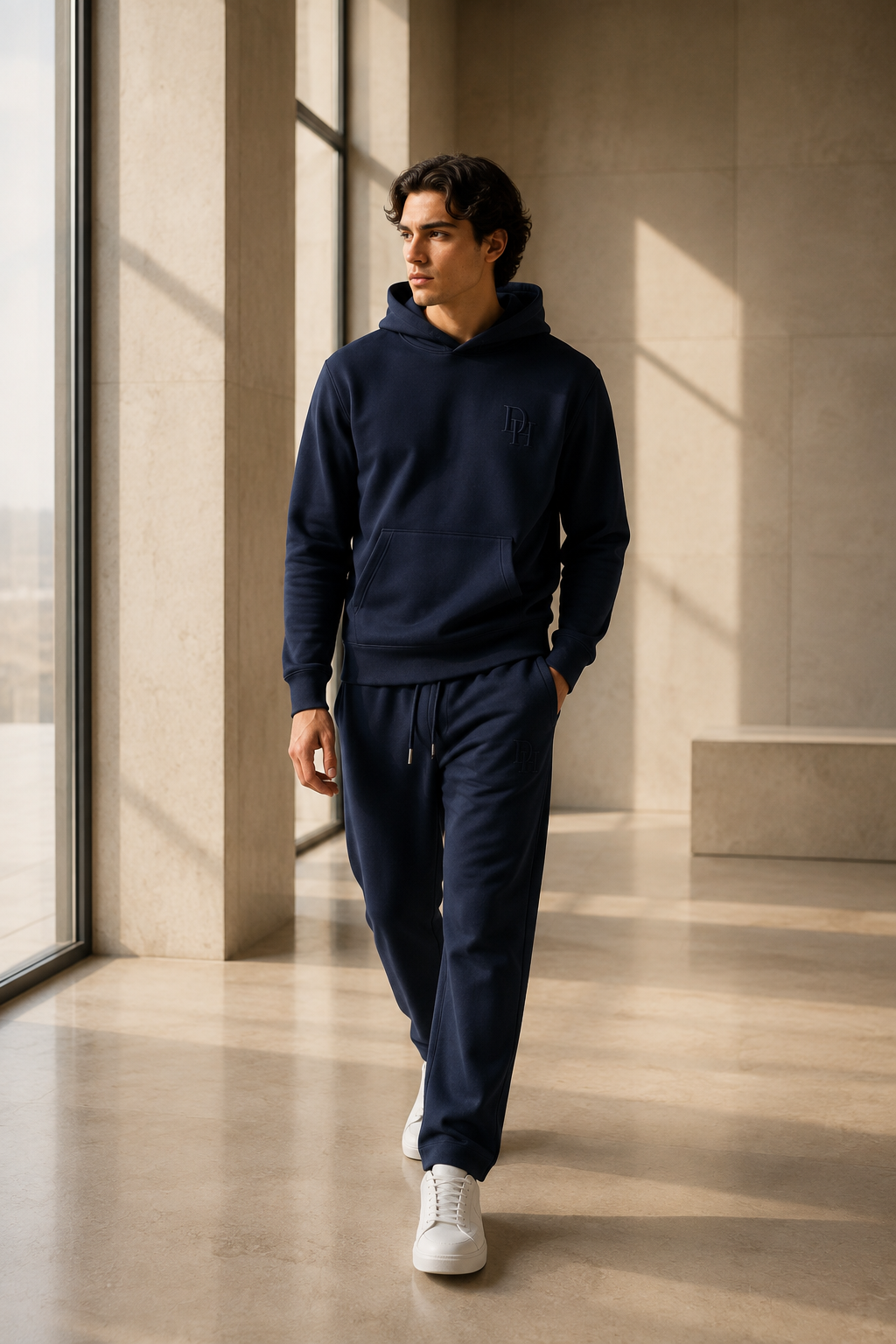Model wearing the navy Dynast Heir hoodie and sweatpants in a sunlit ivory interior