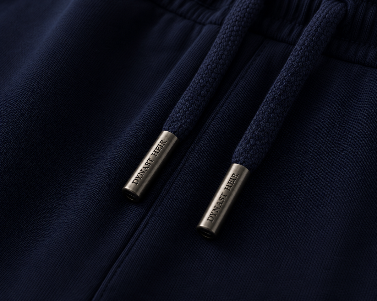 Close-up of Midnight Navy sweatpant drawcords and matte gunmetal DYNAST HEIR-engraved aglets