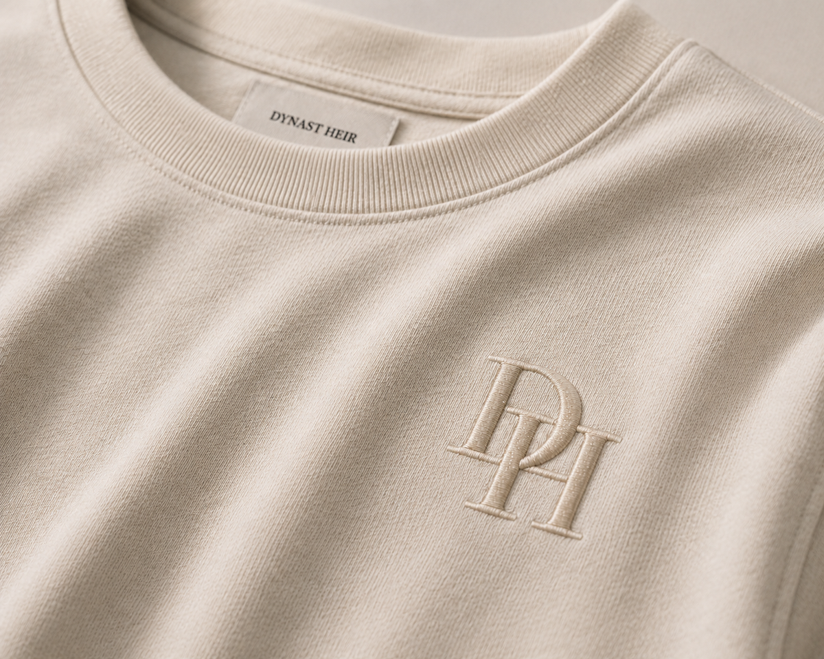 Close-up of the Warm Bone Foundation Heavyweight T-Shirt neckline and tonal DH embroidery